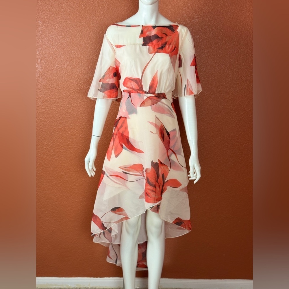 XPLUSWEAR Elegant High-Low Floral Dress in Red and Cream Size Large K-44